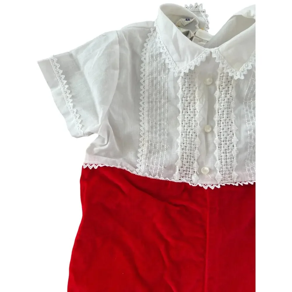 Vintage Toddler Boy Christmas Holiday Red Velvet Shorts One Piece 12M